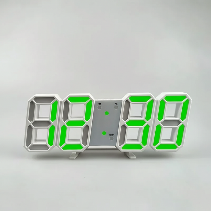 Digitale Wanduhr mit LED-Anzeige, integriertem Wecker, Datum und Temperaturfunktion.