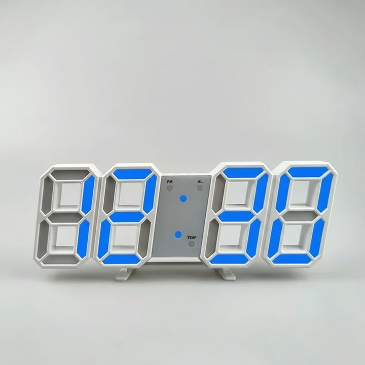 Schlanke LED-Uhr für die Wand, mit Datums- und Temperaturanzeige. Modernes Accessoire.