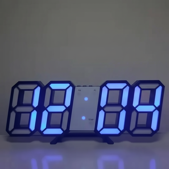 Moderne LED-Uhr mit digitaler Zeitanzeige, Datumsfunktion und Temperaturmesser. Büro & Heim.