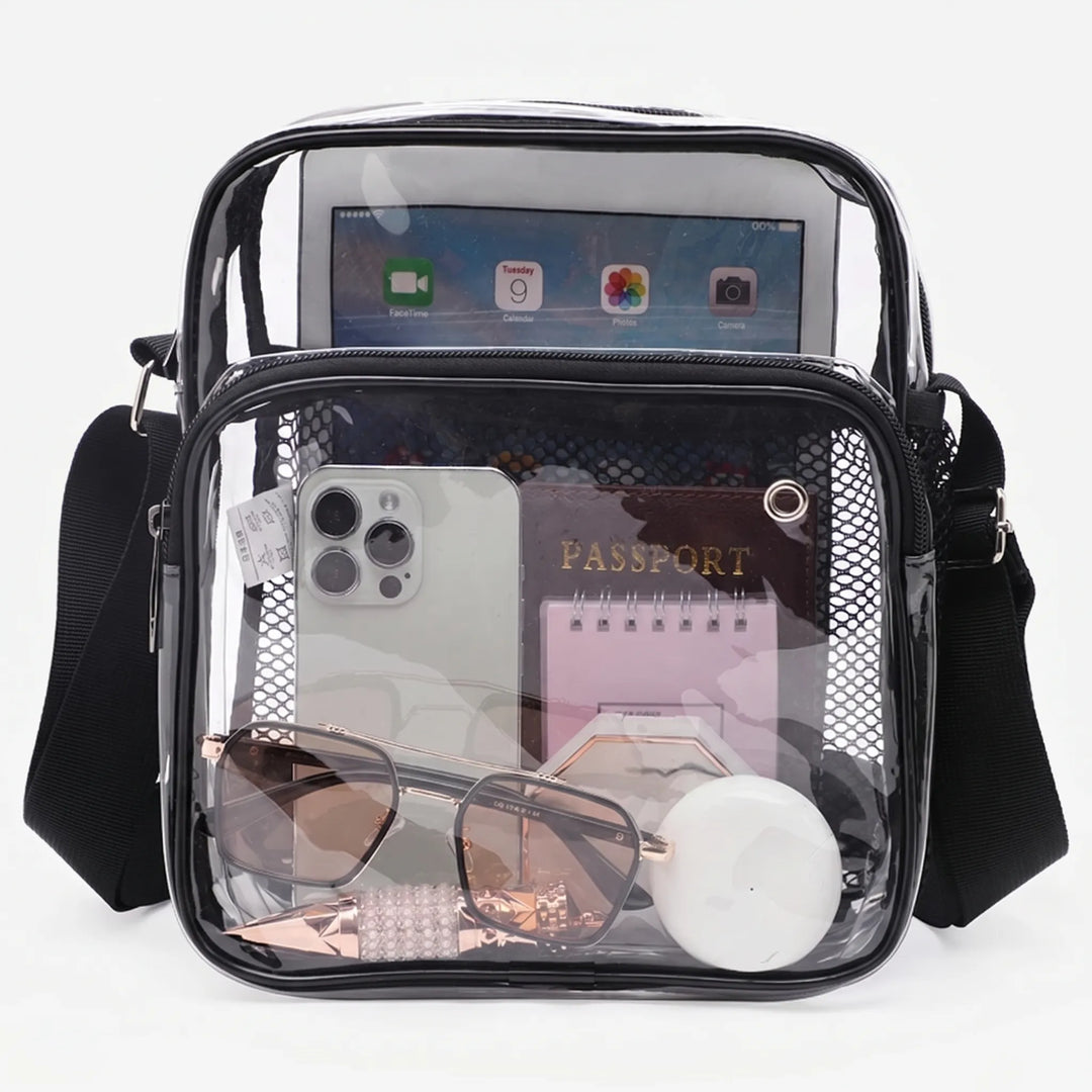 Klare PVC-Schultertasche mit Mesh-Fronttasche; ideal für Sicherheit und schnellen Zugriff auf Ihre Essentials.