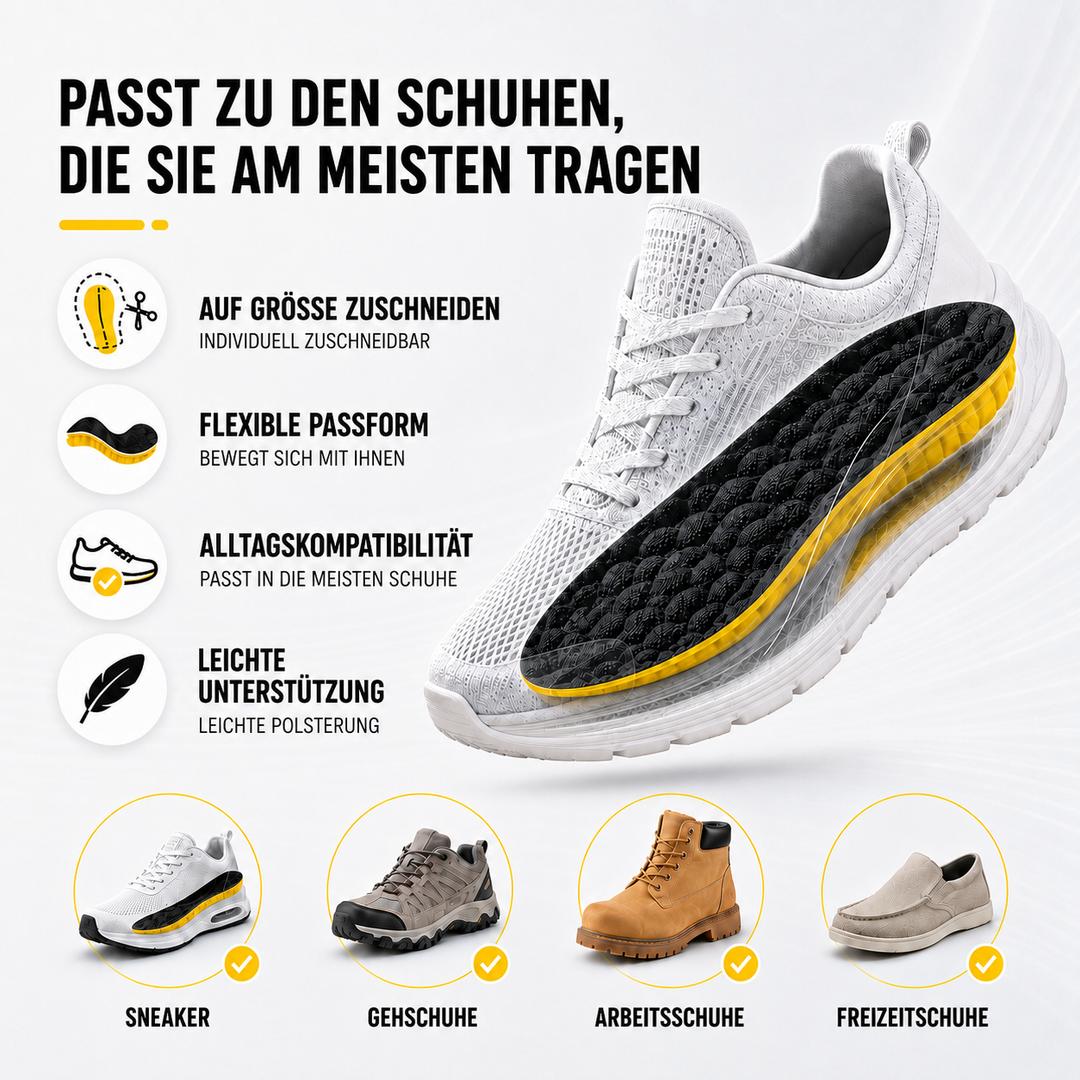 Orthopädische Cloudstride 4D Einlagen bieten überragenden Komfort, Dämpfung & Fußunterstützung für lange Tage.