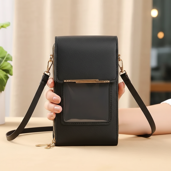Damen PU Schultertasche mit Touchscreen-Fach und Reißverschluss, ideal für Alltag und Reise.