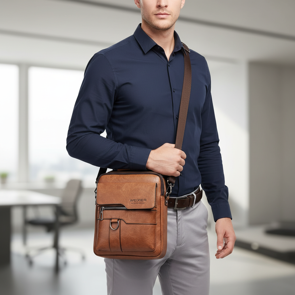 Unisex Messenger-Tasche aus PU, braun, kompaktes Design für Alltag & Business. Stilvoll & funktional.