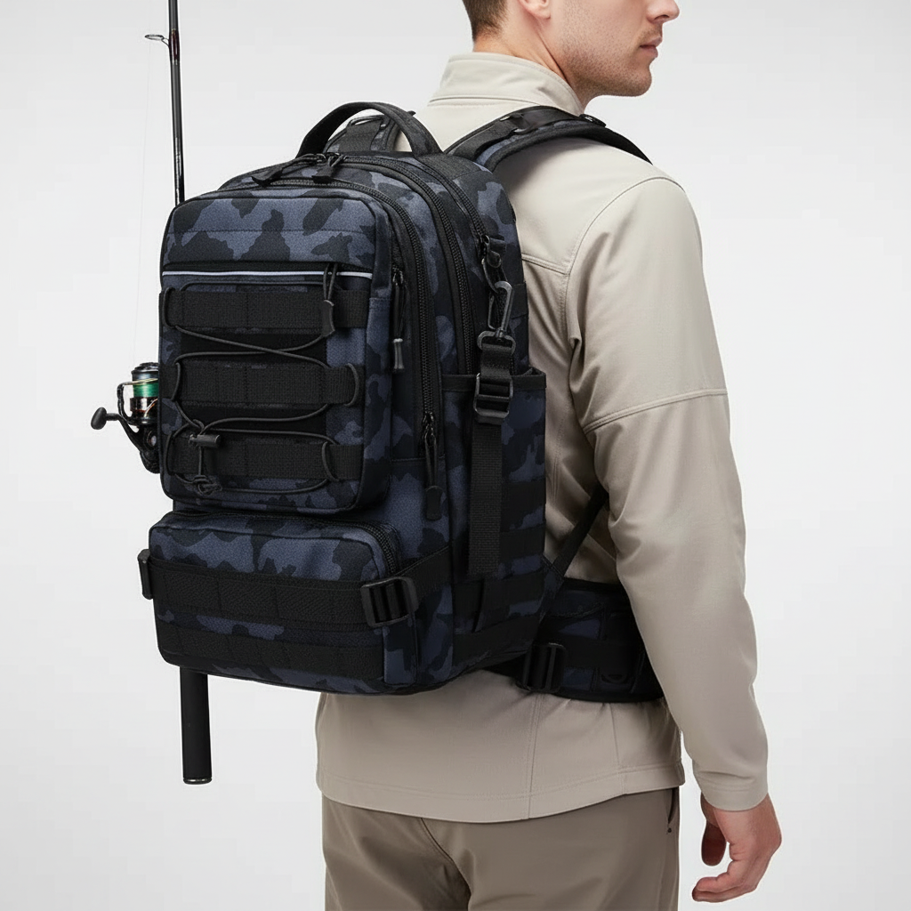 Organisierter Angelrucksack zeigt Innenfächer & Stauraum für Köder, Werkzeuge & Zubehör.