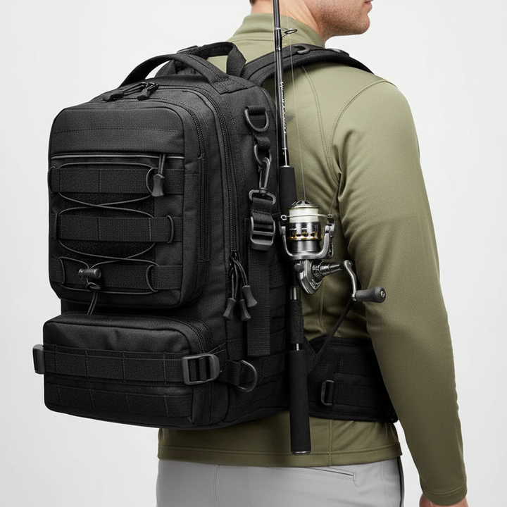 Robuster Angeltaschen-Rucksack mit integriertem Rutenhalter, ideal für Angelausflüge & Fischerei.