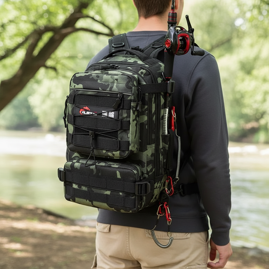 Taktischer Unisex Angelrucksack mit mehreren Fächern & Rutenhalter für Angelausrüstung im Outdoor.