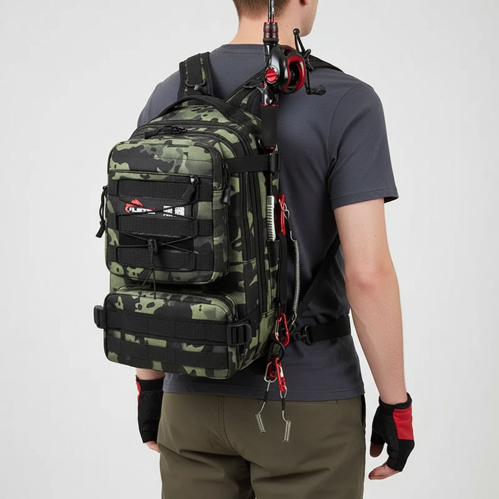 Vorderansicht des taktischen Angeltaschen-Rucksacks mit vielen Reißverschlussfächern & Organisation.