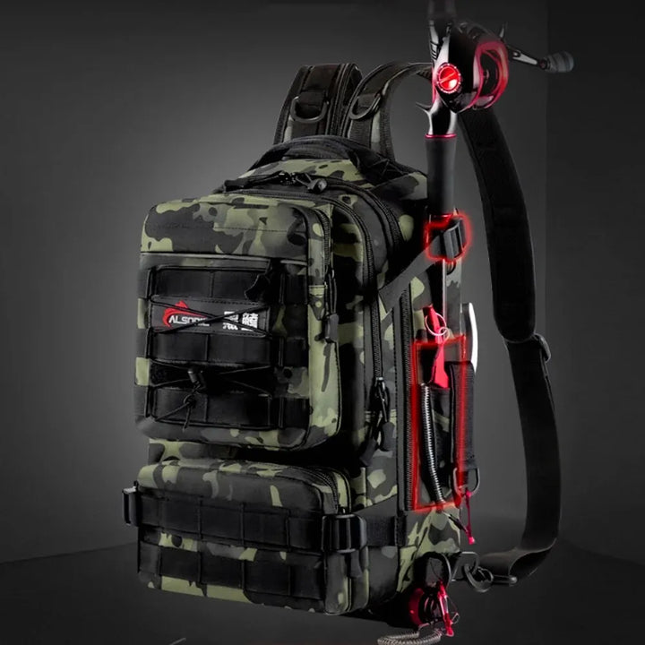 Seitenansicht des taktischen Angelrucksacks mit Molle-System, vielseitig für Outdoor-Ausrüstung.