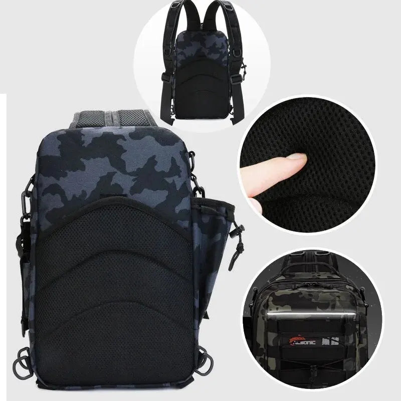 Angelrucksack vollgepackt mit Angelausrüstung, bereit für den nächsten Angelausflug im Freien.