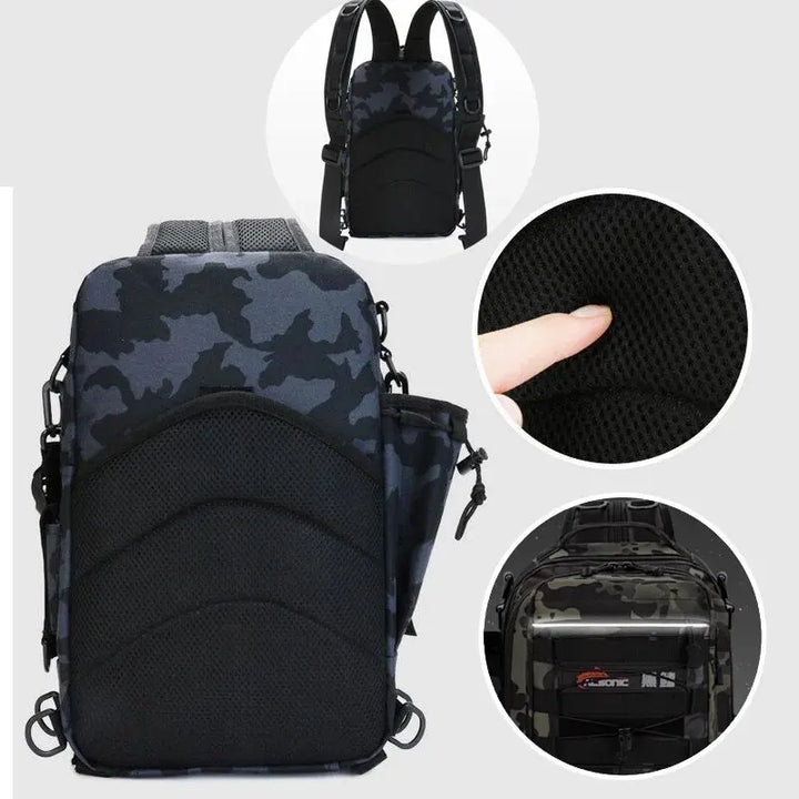 Angelrucksack vollgepackt mit Angelausrüstung, bereit für den nächsten Angelausflug im Freien.