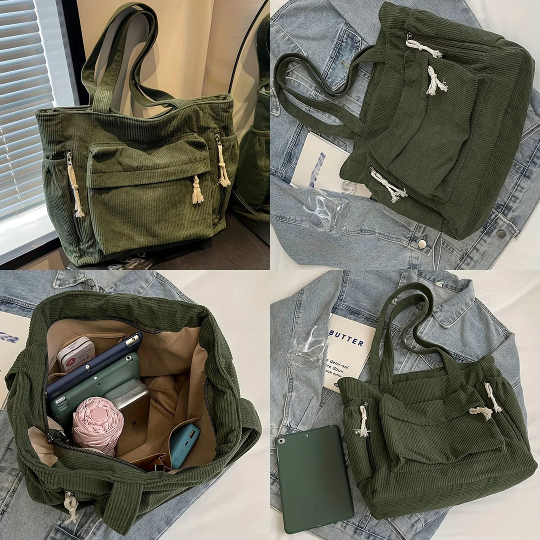 Detailansicht der Cord Schultertasche, zeigt hochwertige Verarbeitung und Reißverschluss.