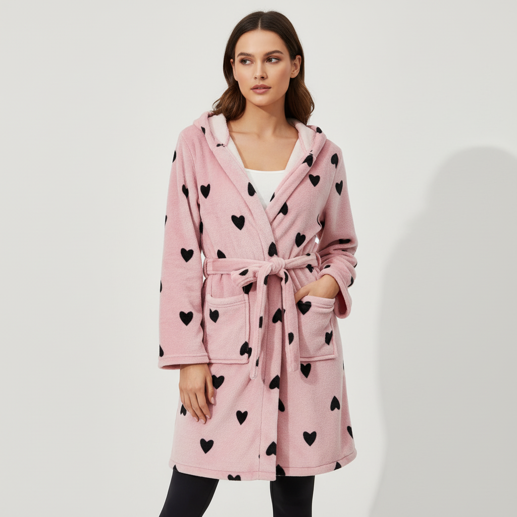 Rückenansicht des knielangen Damen Morgenmantels aus Polyester mit Gürtel; kuschelige Robe für Zuhause.