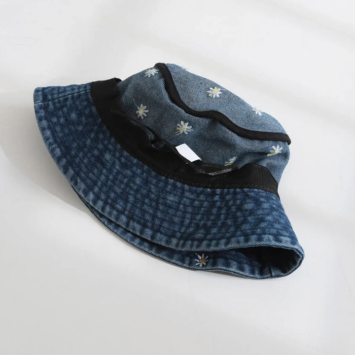 Unisex Baumwoll-Fischerhut, Vintage-Look, mit Gänseblümchen-Stickerei, lässiger Sonnenhut für Sommer.