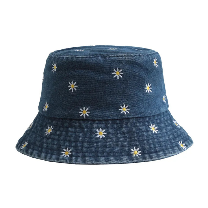 Trendiger Unisex Fischerhut mit Gänseblümchen-Stickerei, ideal als lässiges Sommer-Accessoire und Sonnenschutz.