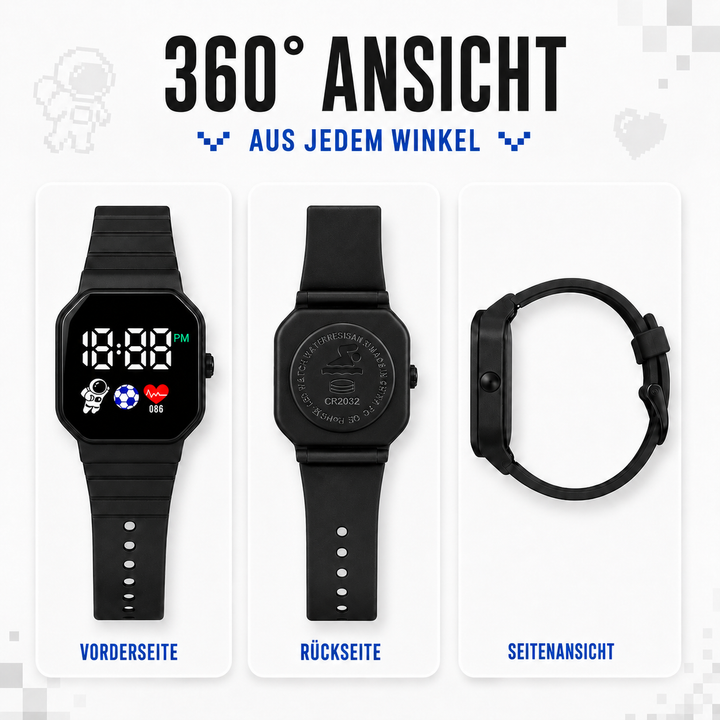 Robuste digitale Kinderuhr in Schwarz, mit flexiblem Silikonarmband und heller LED-Anzeige.