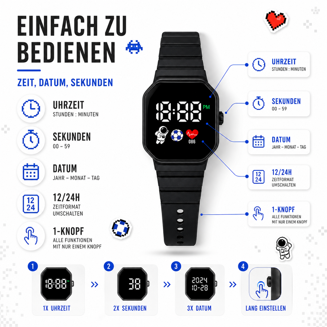 Grüne digitale LED-Uhr für Kinder, aus hautfreundlichem Silikon, ideal für den Schulalltag.