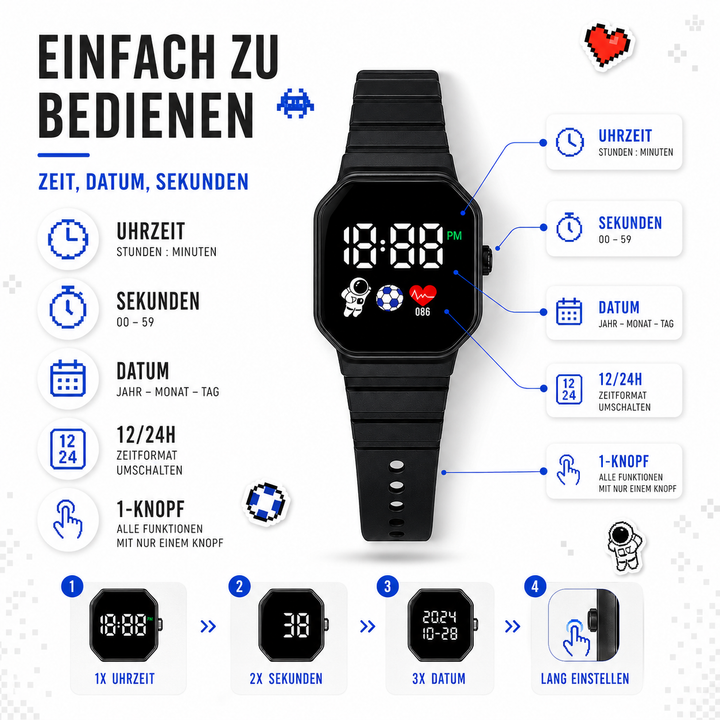 Grüne digitale LED-Uhr für Kinder, aus hautfreundlichem Silikon, ideal für den Schulalltag.