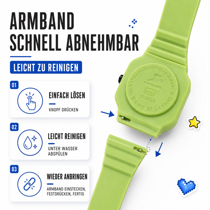 Gelbe digitale Kinderuhr mit bequemen Silikonarmband und leicht verständlicher LED-Anzeige.