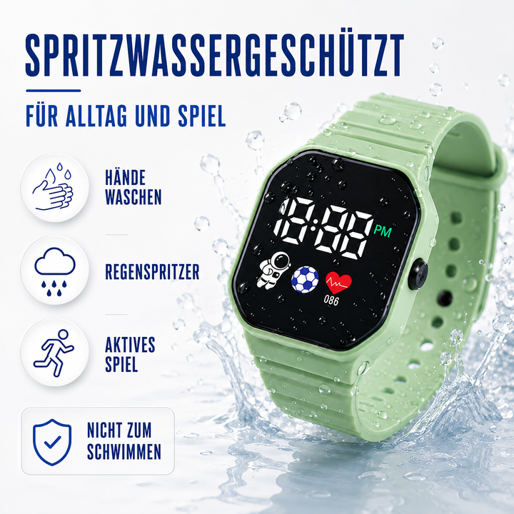 Alltagstaugliche digitale Kinderuhr aus Silikon in Lila, spritzwassergeschützt mit LED-Anzeige.