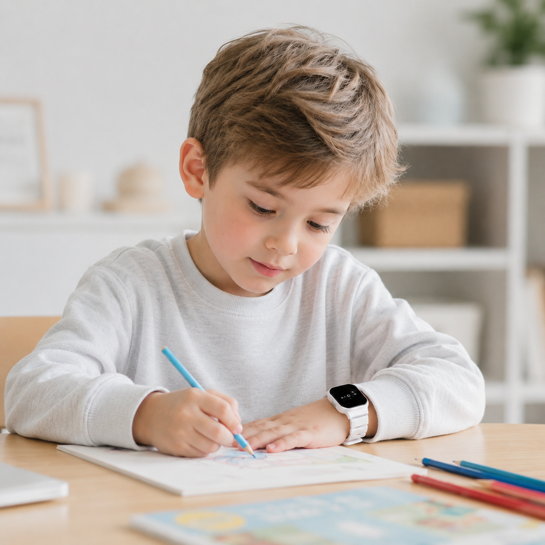 Nahaufnahme: Verpackte digitale Kinderuhr als Geschenk, mit Silikonband und LED-Display.