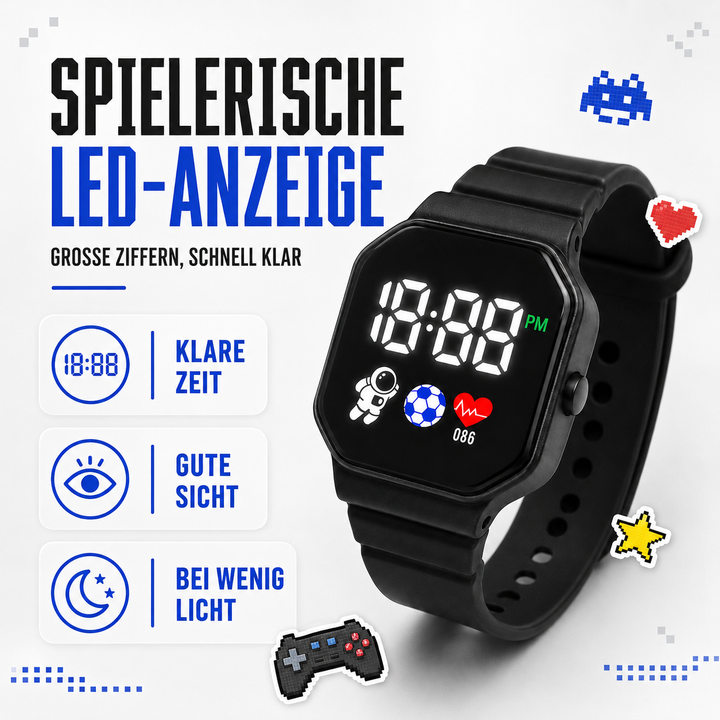 Nahaufnahme einer digitalen Kinderuhr aus Silikon mit klar ablesbarer LED-Zeitanzeige.