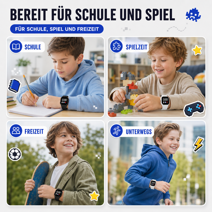 Ergonomische digitale Kinderuhr aus Silikon in Türkis, mit großer LED-Anzeige für schnelles Zeitlernen.