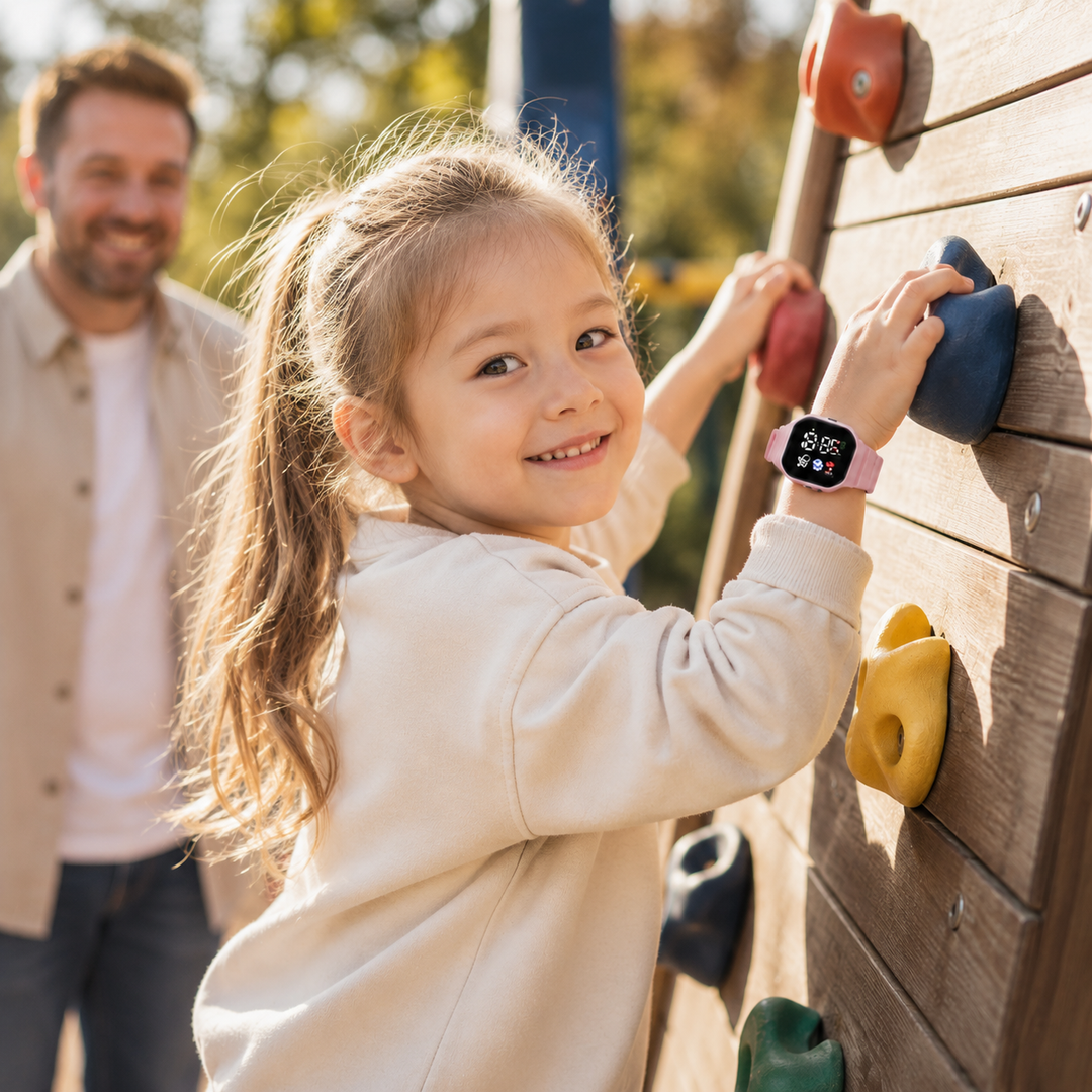 Detailansicht der digitalen Kinderuhr aus Silikon, mit beleuchteter LED-Zeitanzeige.