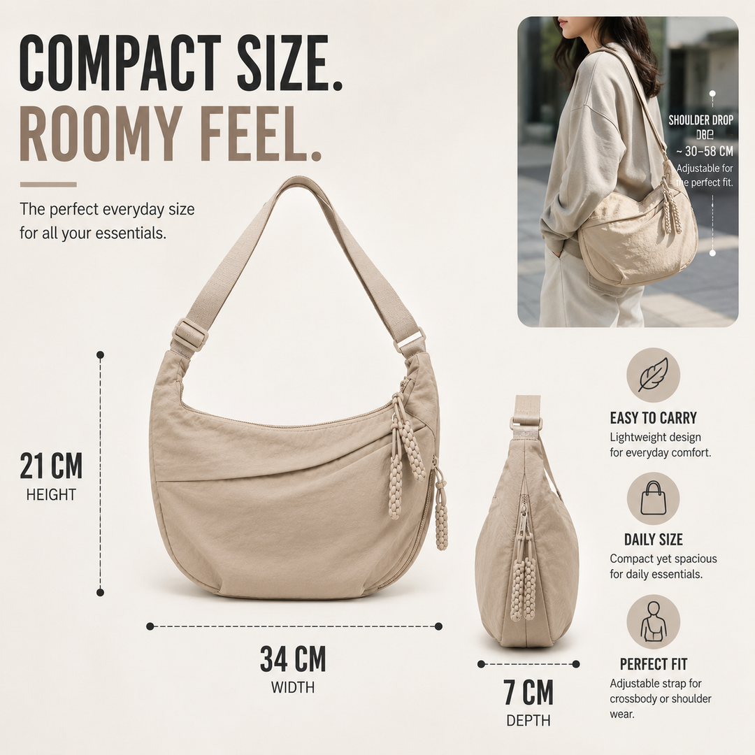 Stylische Slouchy Damentasche, geräumig und aus robustem Nylon. Perfekt für unterwegs. [[lstfy-media:7]]