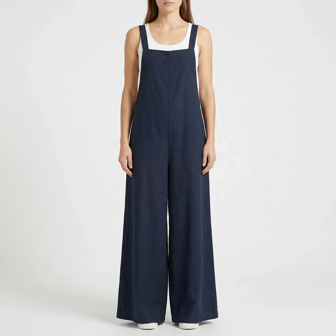 Sommerlicher Damen Einteiler mit weitem Bein, ärmelloser Latz-Jumpsuit, ideal für Strand & Urlaub.
