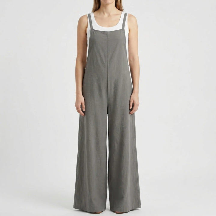 Eleganter Freizeit-Jumpsuit für Damen, ärmellos, Latz, weites Bein, einfarbig, sehr bequem.