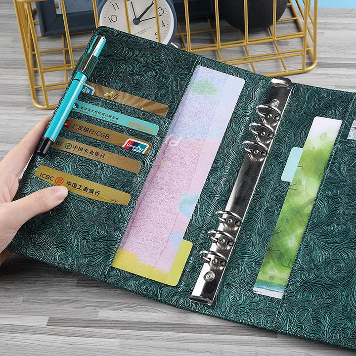 Offenes Vintage A6 Notizbuch Ringbuch, geprägter Organizer, flexibler Binder für individuelle Einlagen.