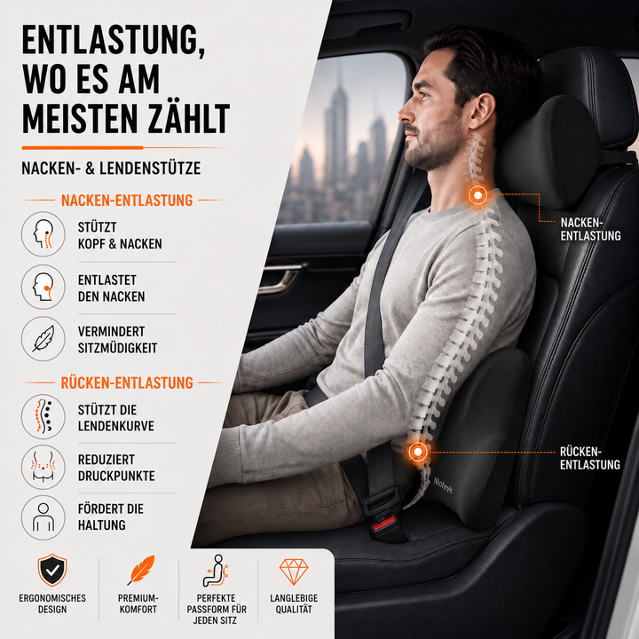 Memory-Schaum Nackenkissen & Lendenwirbelstütze Set. Ergonomisches Autozubehör für Entlastung.