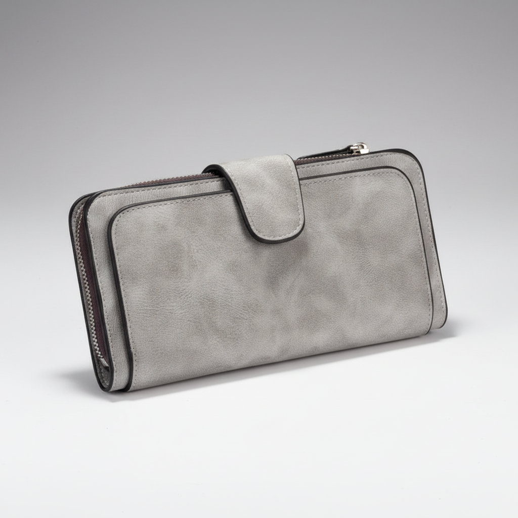 Frauenhand hält elegante lange Damen Geldbörse aus Kunstleder. Zeigt Größe und schlankes Design.