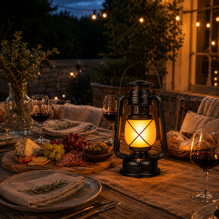 Outdoor-Laterne mit Flammeneffekt. Vintage-Stil, kabellos & wiederaufladbar. Perfekt als Ambientebeleuchtung.