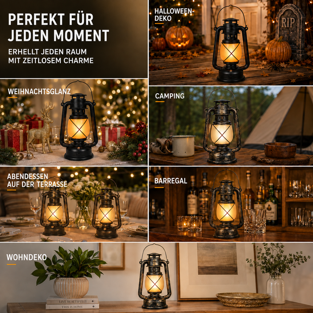 Robuste Outdoor LED-Laterne mit Flammeneffekt. Vintage-Stil, wiederaufladbar, kabellos. Ideal für Camping.