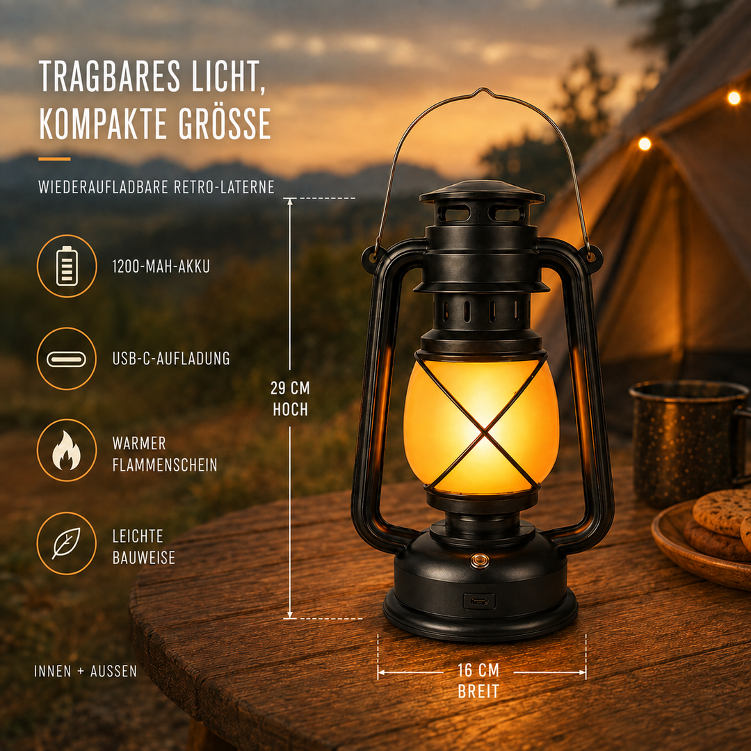 Wiederaufladbare Outdoor Laterne im Vintage-Stil. Kabellos mit LED-Flammeneffekt. Perfekt für Camping.