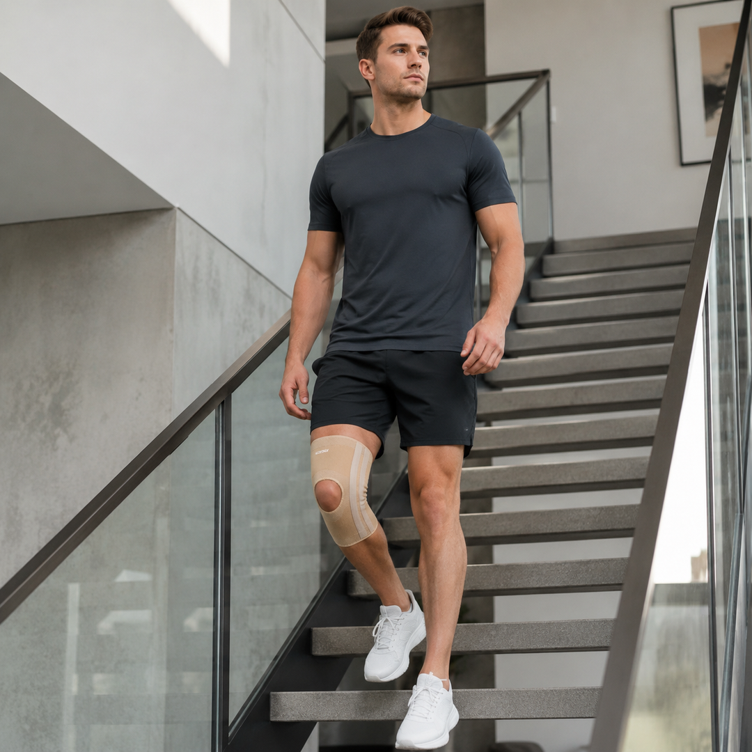 FlexiGuard Kniebandage zur Vorbeugung von Sportverletzungen, bietet stabilen Knieschutz und sanfte Kompression.
