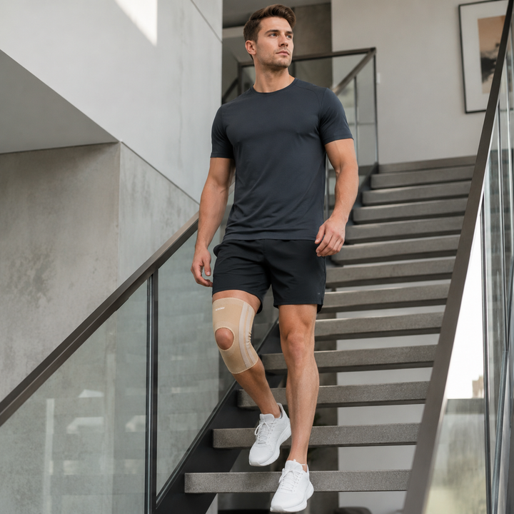 FlexiGuard Kniebandage zur Vorbeugung von Sportverletzungen, bietet stabilen Knieschutz und sanfte Kompression.
