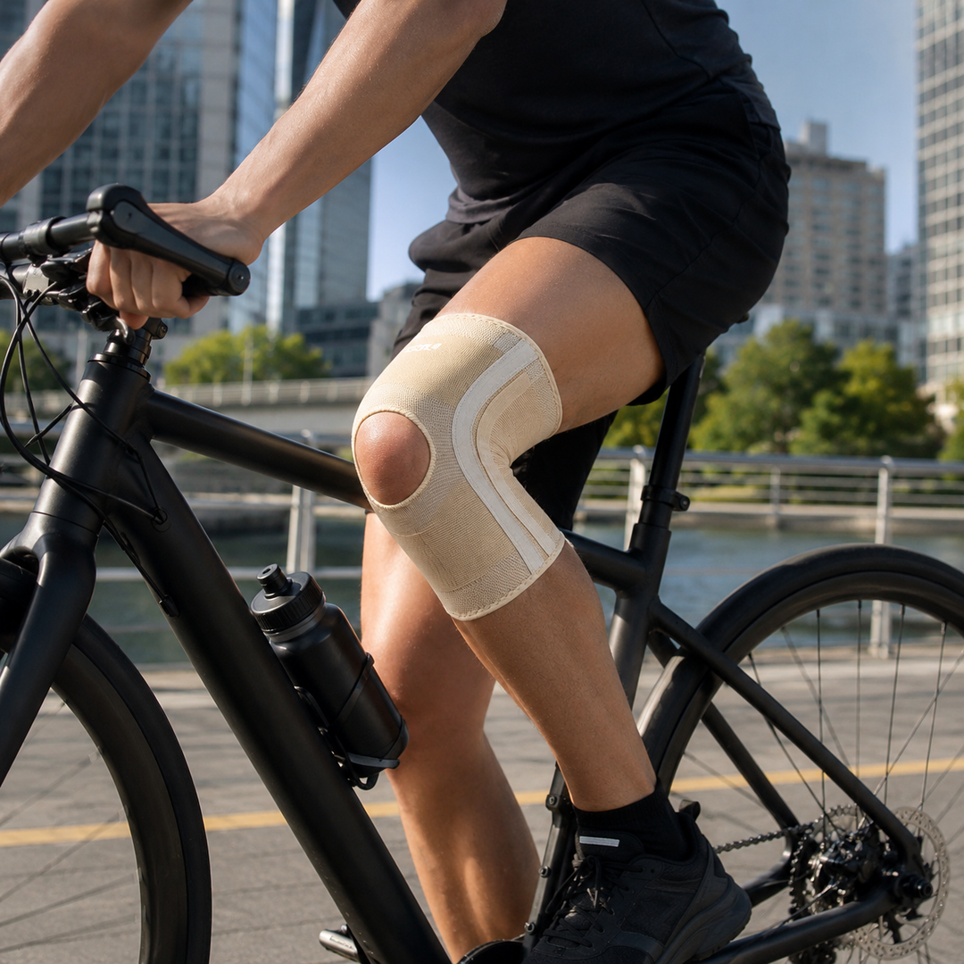 Robuste FlexiGuard Kniebandage aus Nylon, bietet langlebige Gelenkstütze und orthopädischen Knieschutz für alle Aktivitäten.