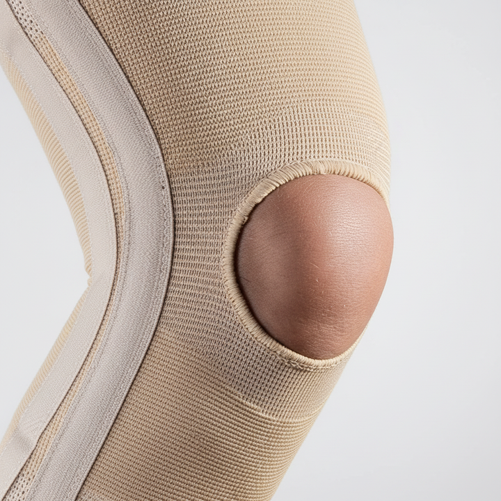 Seitenansicht der atmungsaktiven FlexiGuard Nylon-Kniebandage, bietet Gelenkstütze und lindert Knieschmerzen effektiv.