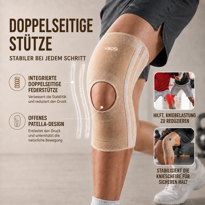 Detailansicht der gewebten FlexiGuard Nylon-Kniebandage mit hochelastischer Kompressionszone für maximalen Schutz.