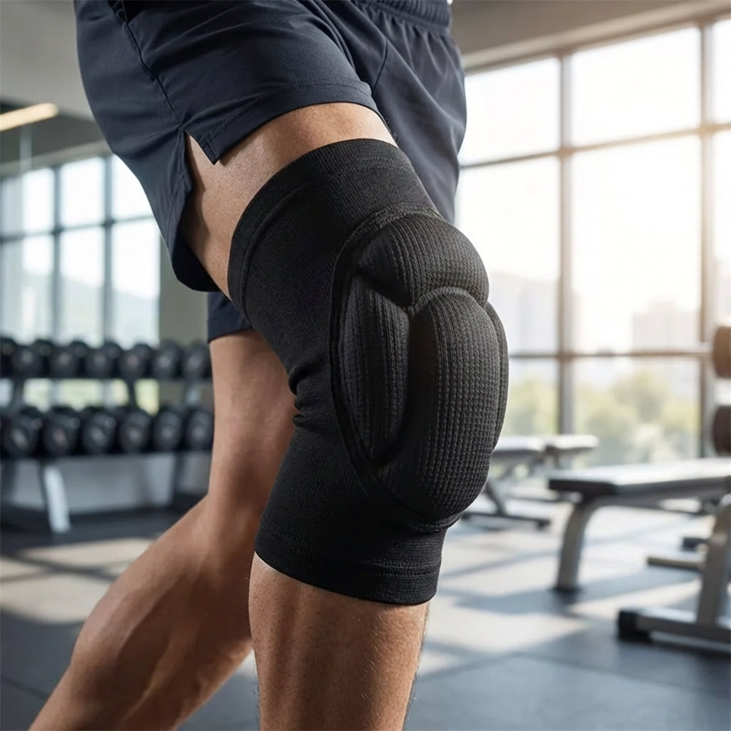 Schwarze, unisex Sport-Kniebandage mit Polsterung für Aufprallschutz und Gelenkstütze beim Fitness-Training.