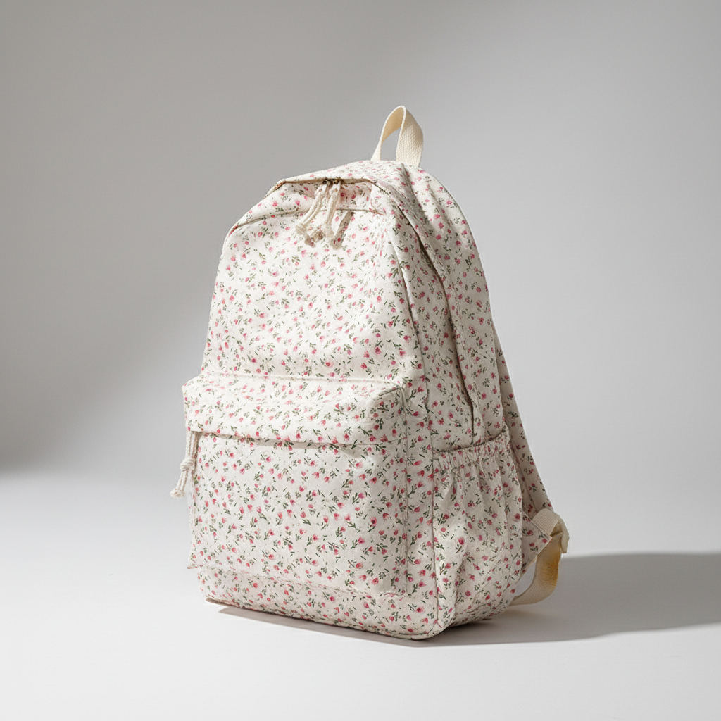 Damenrucksack Blumenmuster, weiß-rosa, leicht, auf einer Bank liegend. Perfekt für Freizeit, Schule & Alltag.