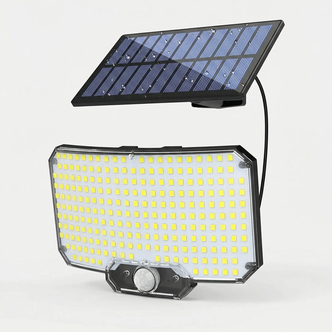 Robuster IP65 Solar-Aussenstrahler mit Bewegungssensor. Perfekt als Wandleuchte für Aussenbereiche & Gartenbeleuchtung.