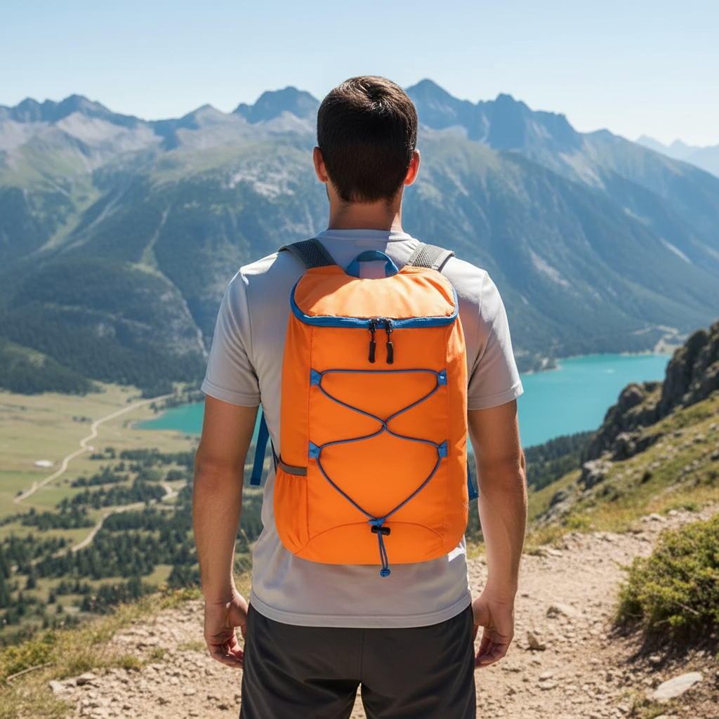 Grüner, faltbarer Reisebegleiter, wasserdicht und sehr leicht. Perfekt als Zweitrucksack.
