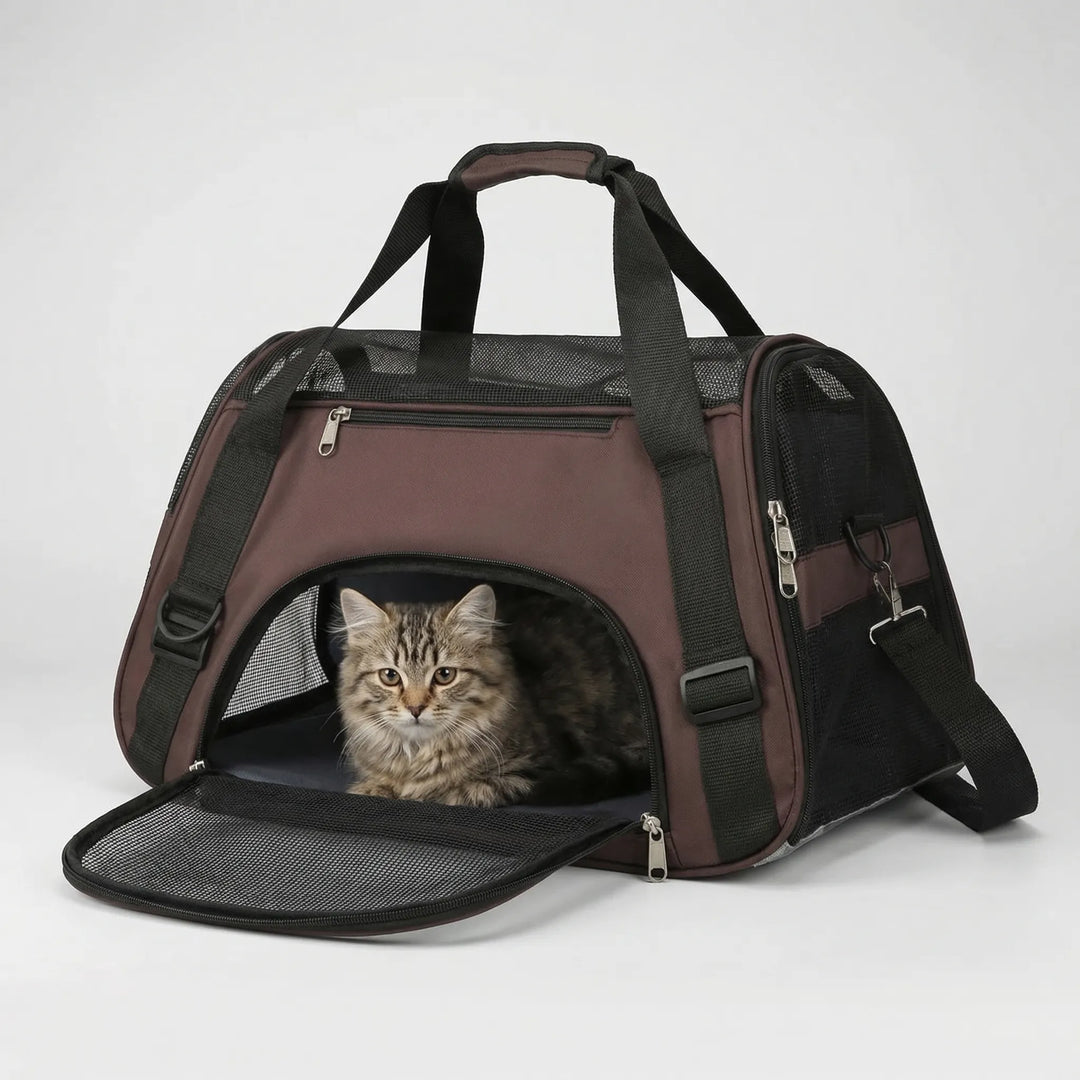 Katze genießt den Komfort in der faltbaren Mesh-Transporttasche; ideal für sichere Reisen.