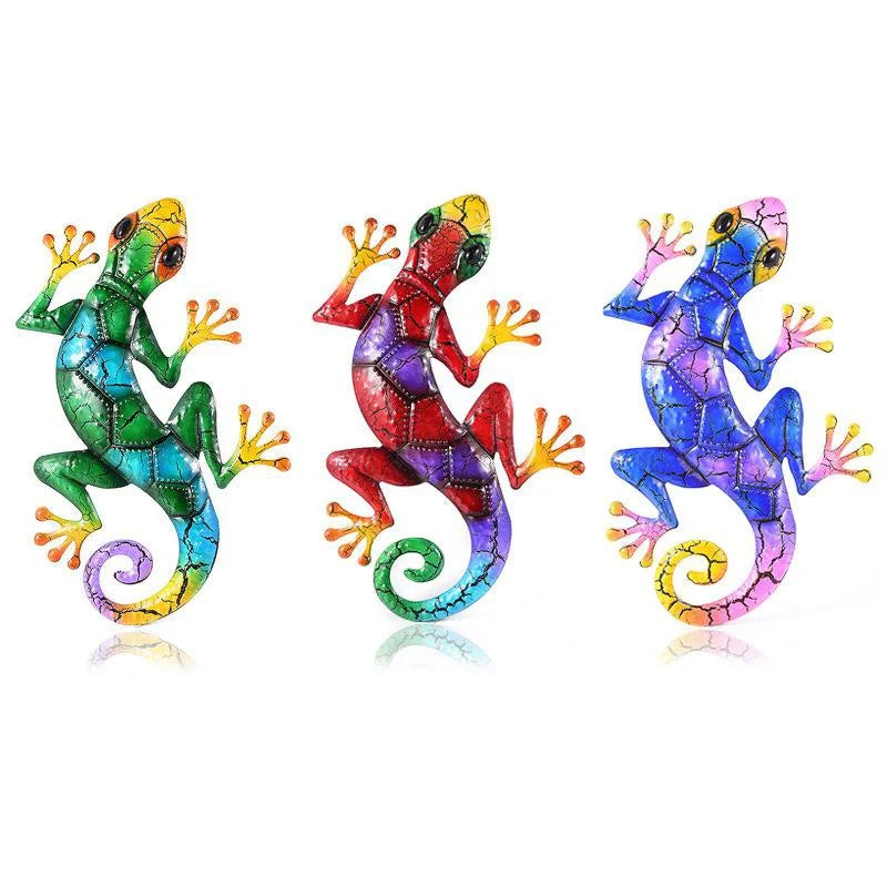 Garten Deko Gecko Wandskulptur, farbenfrohe Metallkunst für Außen- & Innenbereich als stilvolles Wandornament.