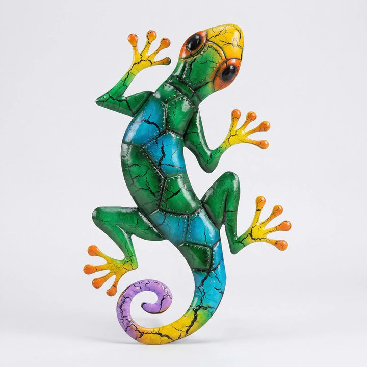 Moderne farbenfrohe Metall Gecko Wanddeko, perfekte Gartenkunst & stylisches Wandornament für Wohnräume.