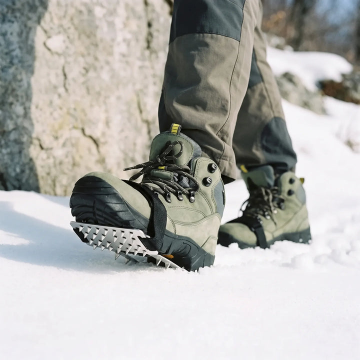 Unisex verstellbare Schuhkrallen mit robusten Spikes für sicheren Grip auf Eis und Schnee beim Wandern.