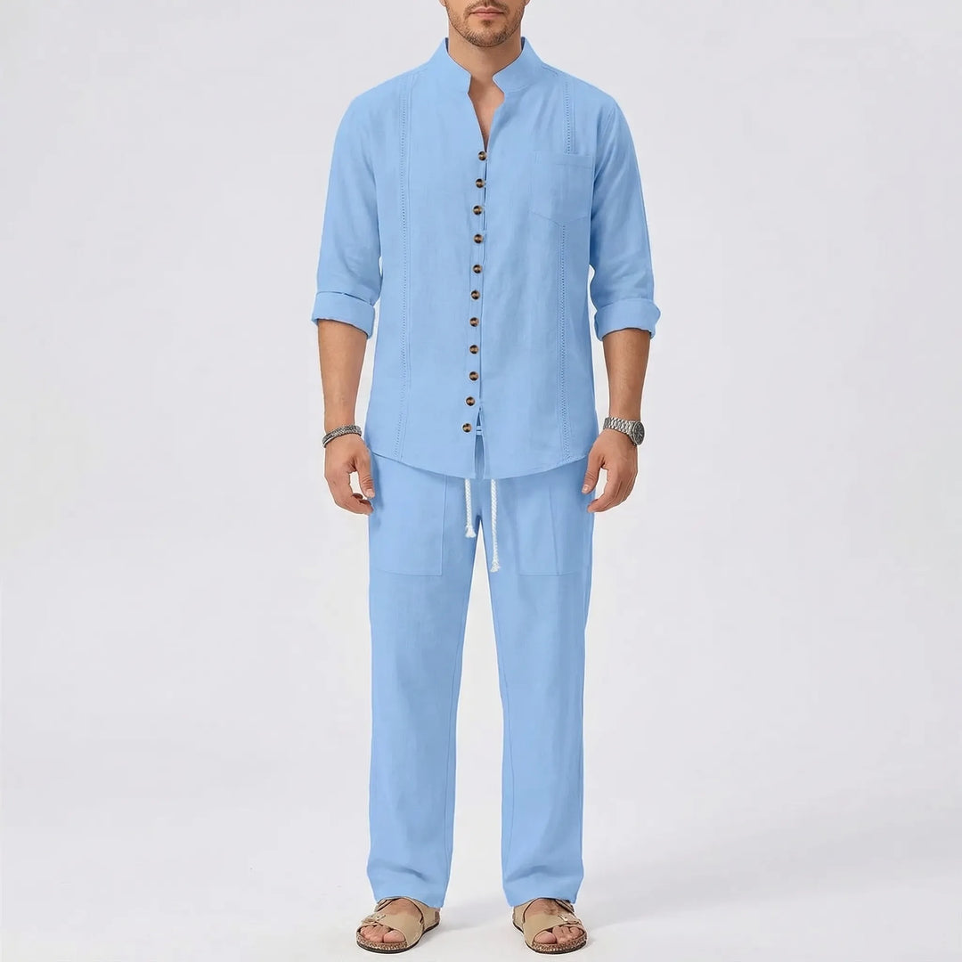 Müheloses Herren Sommer Set: Kubanischer Kragen Hemd & Hose. Perfekte Urlaubskleidung für Strand & Freizeit.